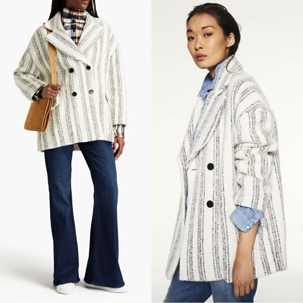 NWT Ba&Sh Fillie Alpaca Wool Grey White Pea Coat Blend Striped Size M